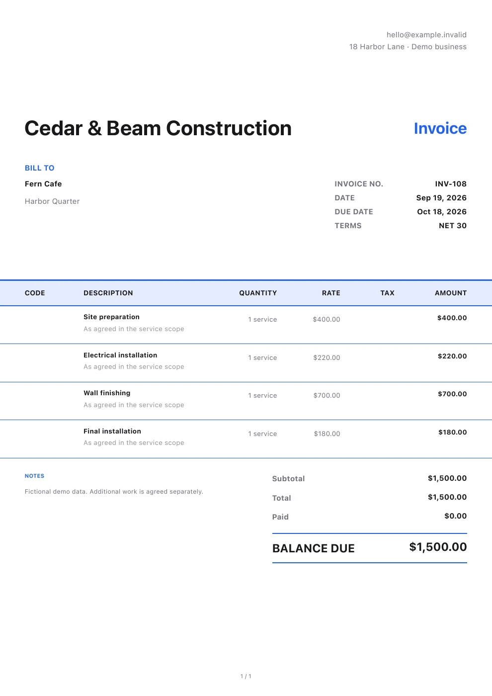 Professional itemized invoice created with Pocket Invoice