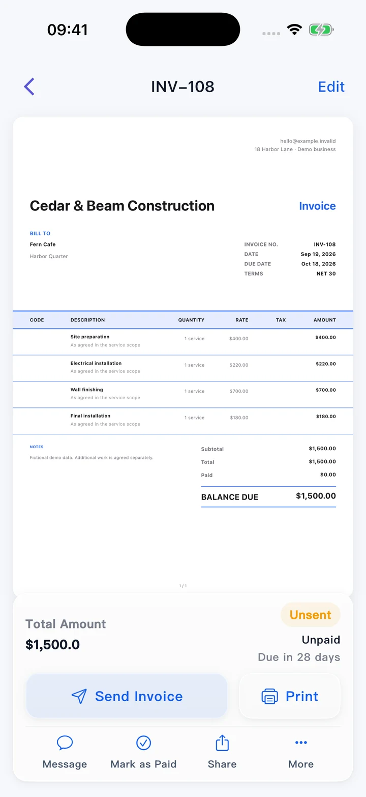 Manage and send invoices in the Pocket Invoice mobile app