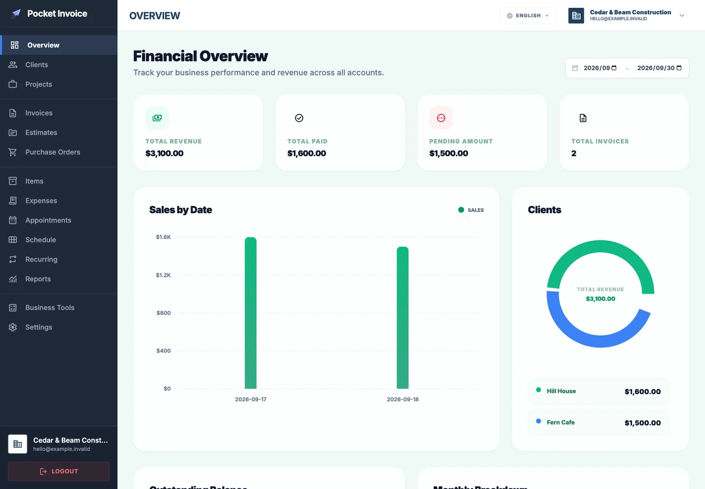 Pocket Invoice business dashboard showing financial totals