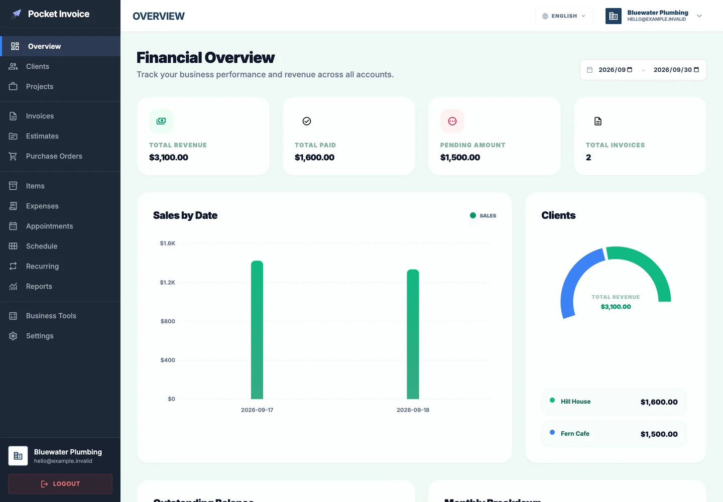 Pocket Invoice business dashboard